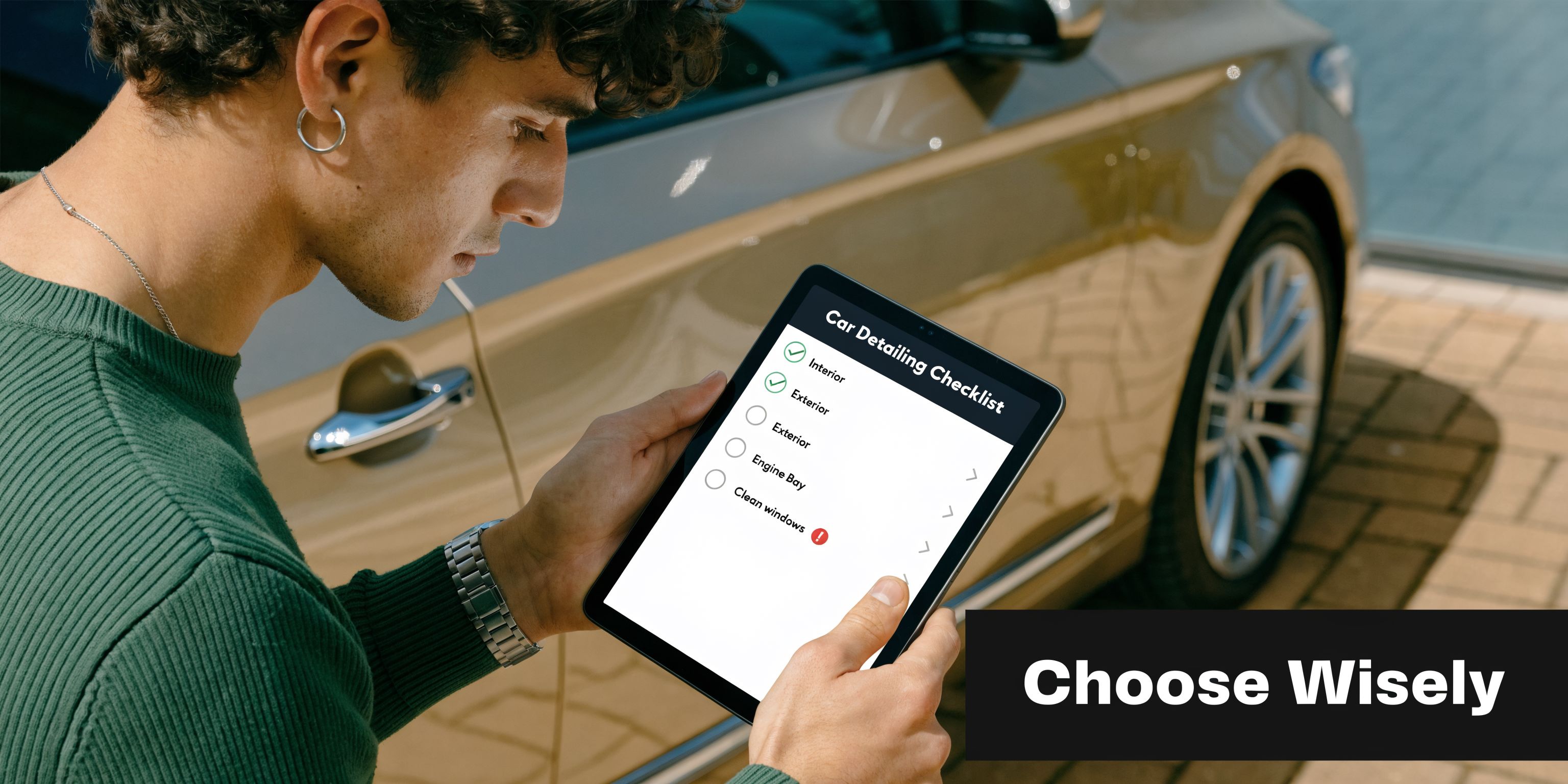 A man holds a tablet displaying a car detailing checklist while standing next to a golden car.