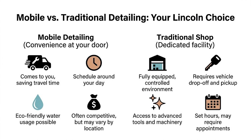 A comparison chart outlining the pros and cons of mobile detailing versus traditional car detailing shop services.