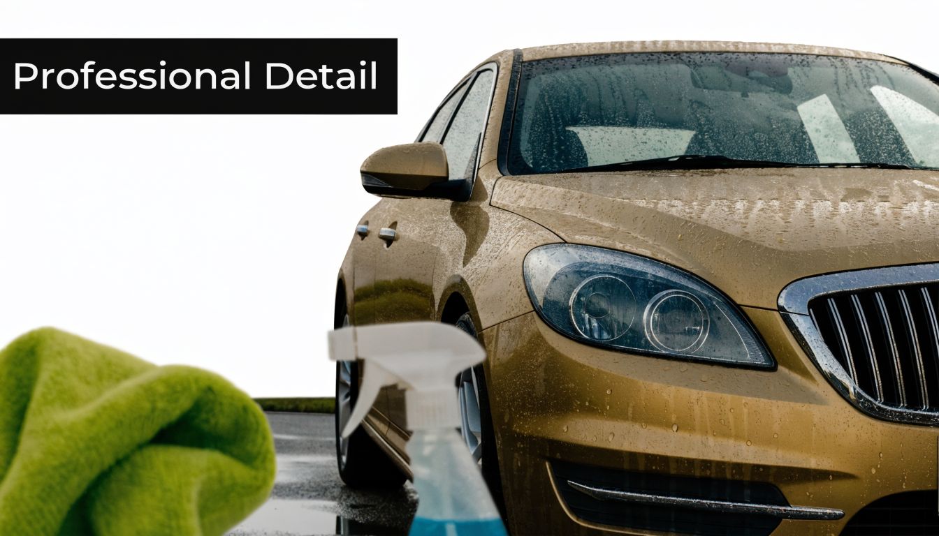 A close-up view of a professional car detailing session featuring a golden car and cleaning supplies.
