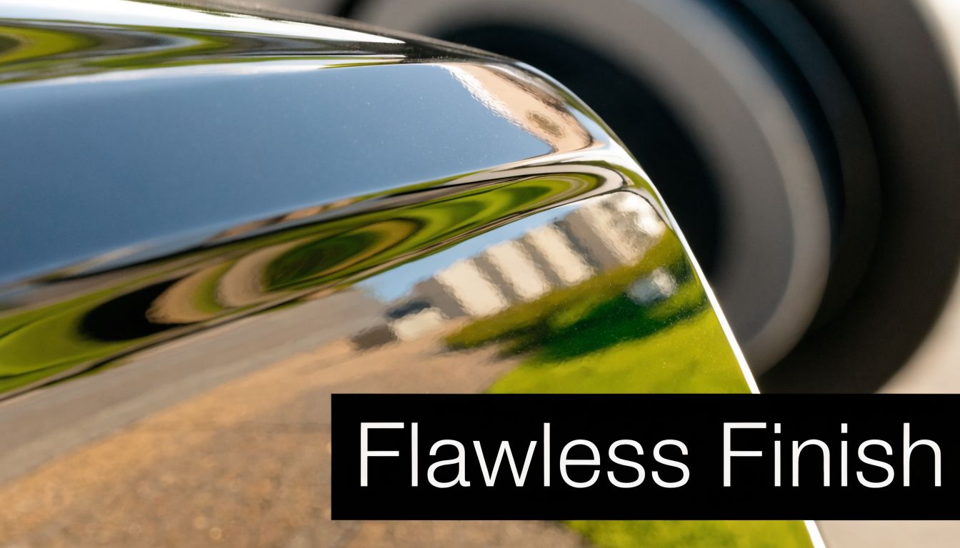 A close-up shot of a polished black car surface showing a reflective flawless finish.