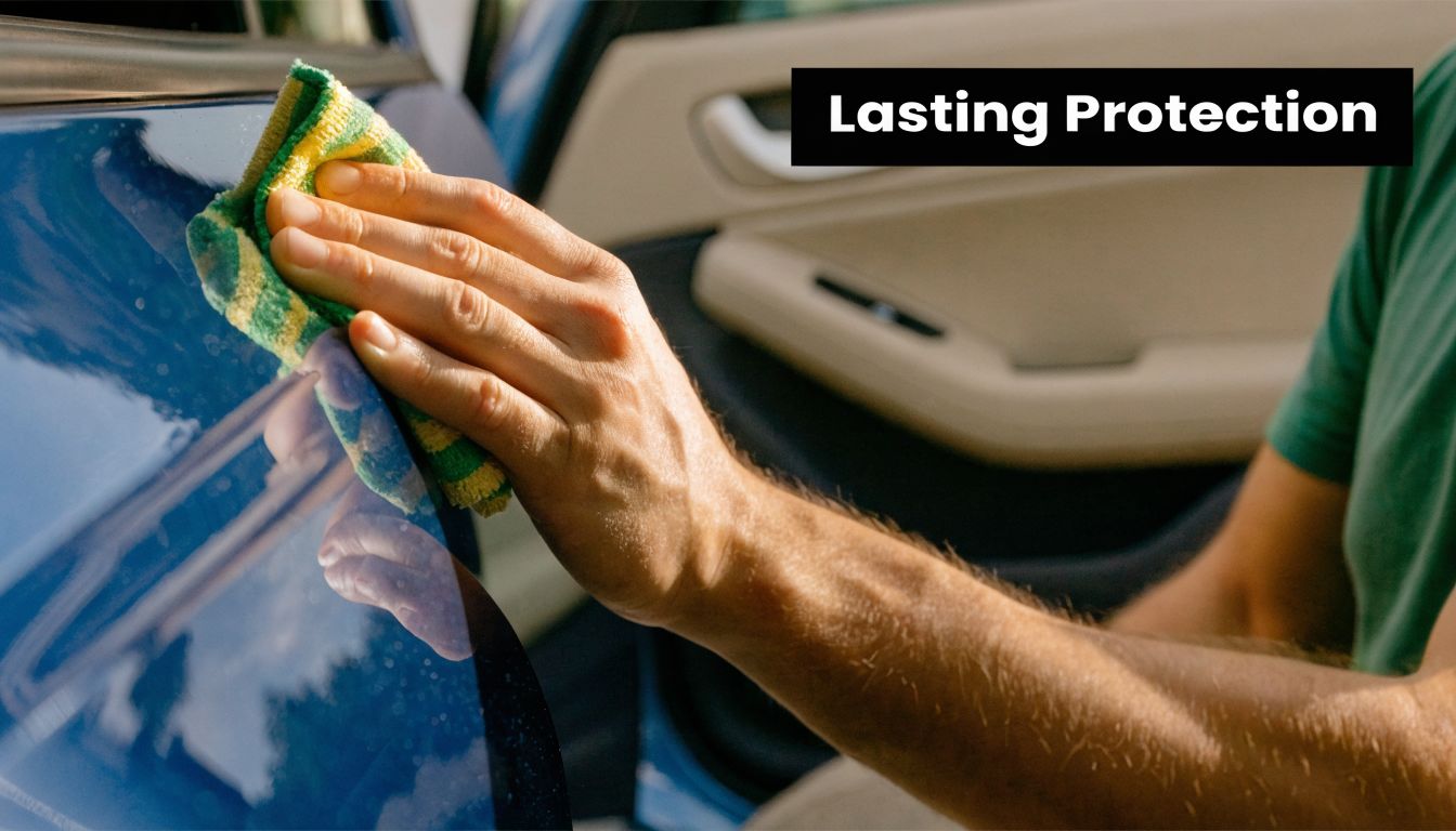A close-up view of a person using a cloth to buff and polish a blue car exterior.