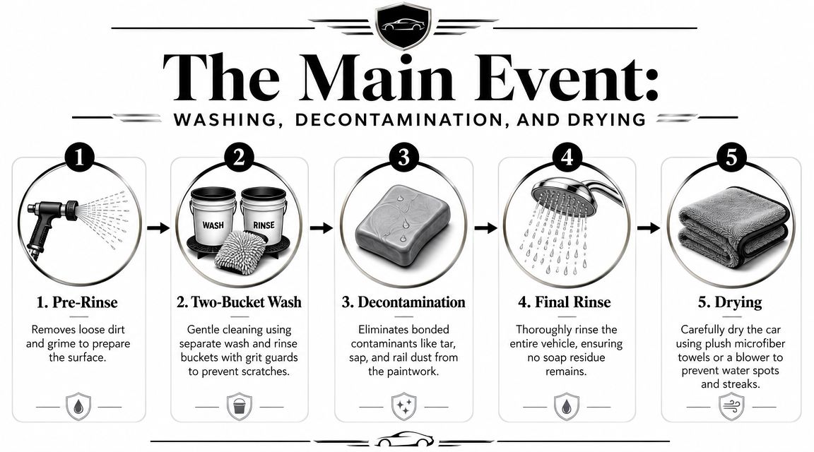 An infographic illustrating the five professional steps for washing, decontaminating, and drying a car exterior.