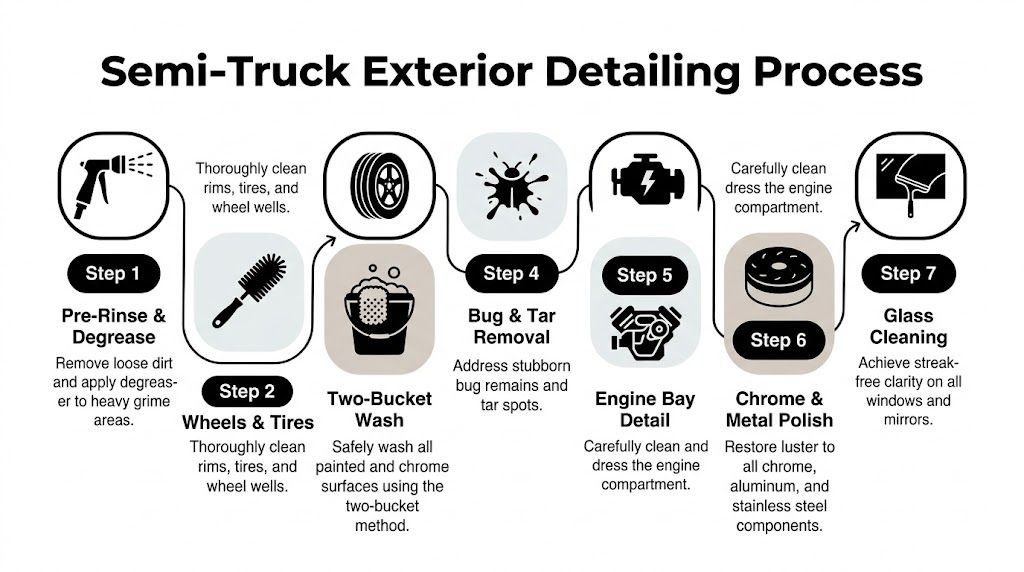 A step-by-step infographic illustrating the professional semi-truck exterior detailing process from pre-rinse to glass cleaning.