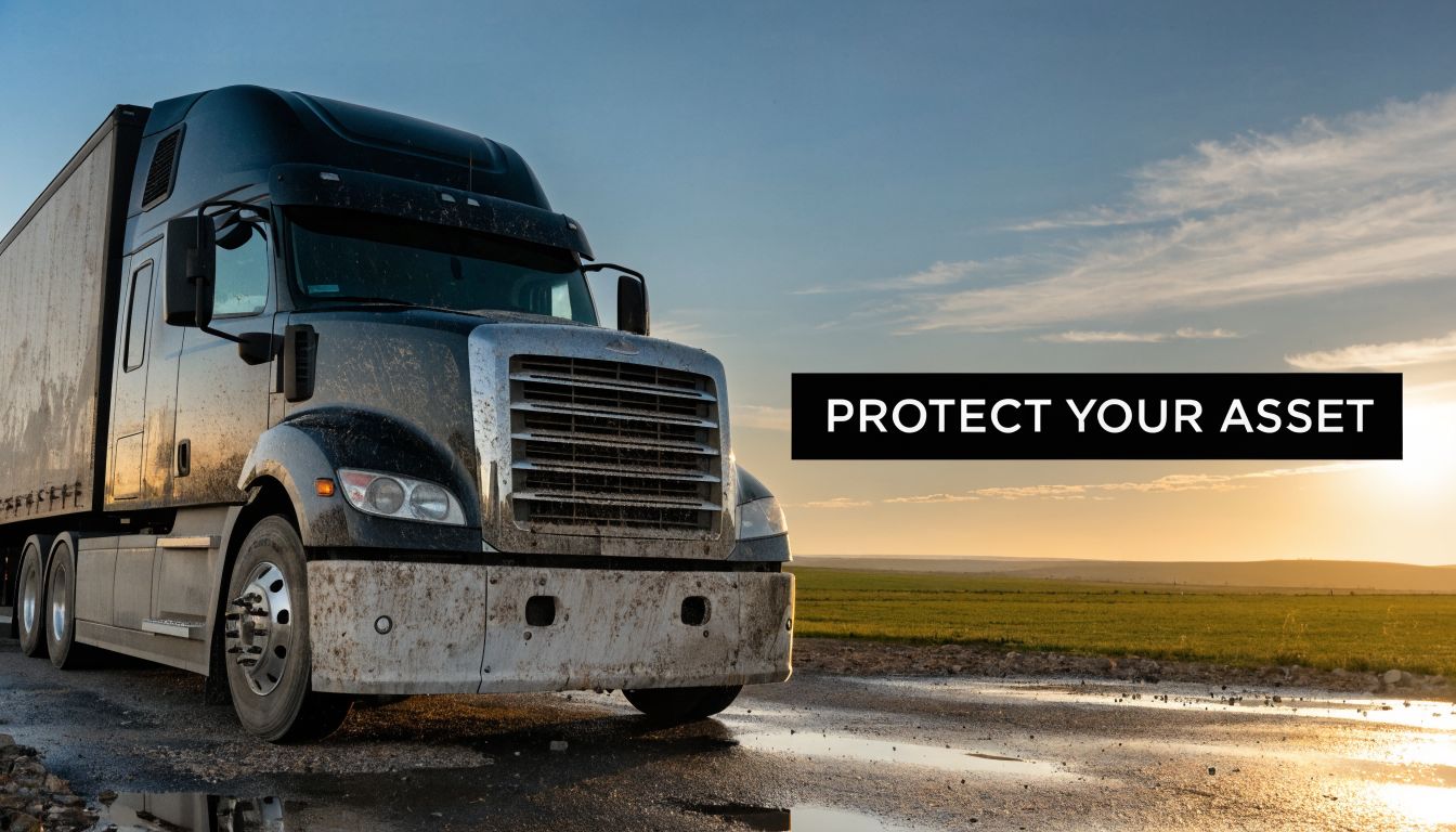 A dirty semi truck parked on a wet road at sunset with the text Protect Your Asset.