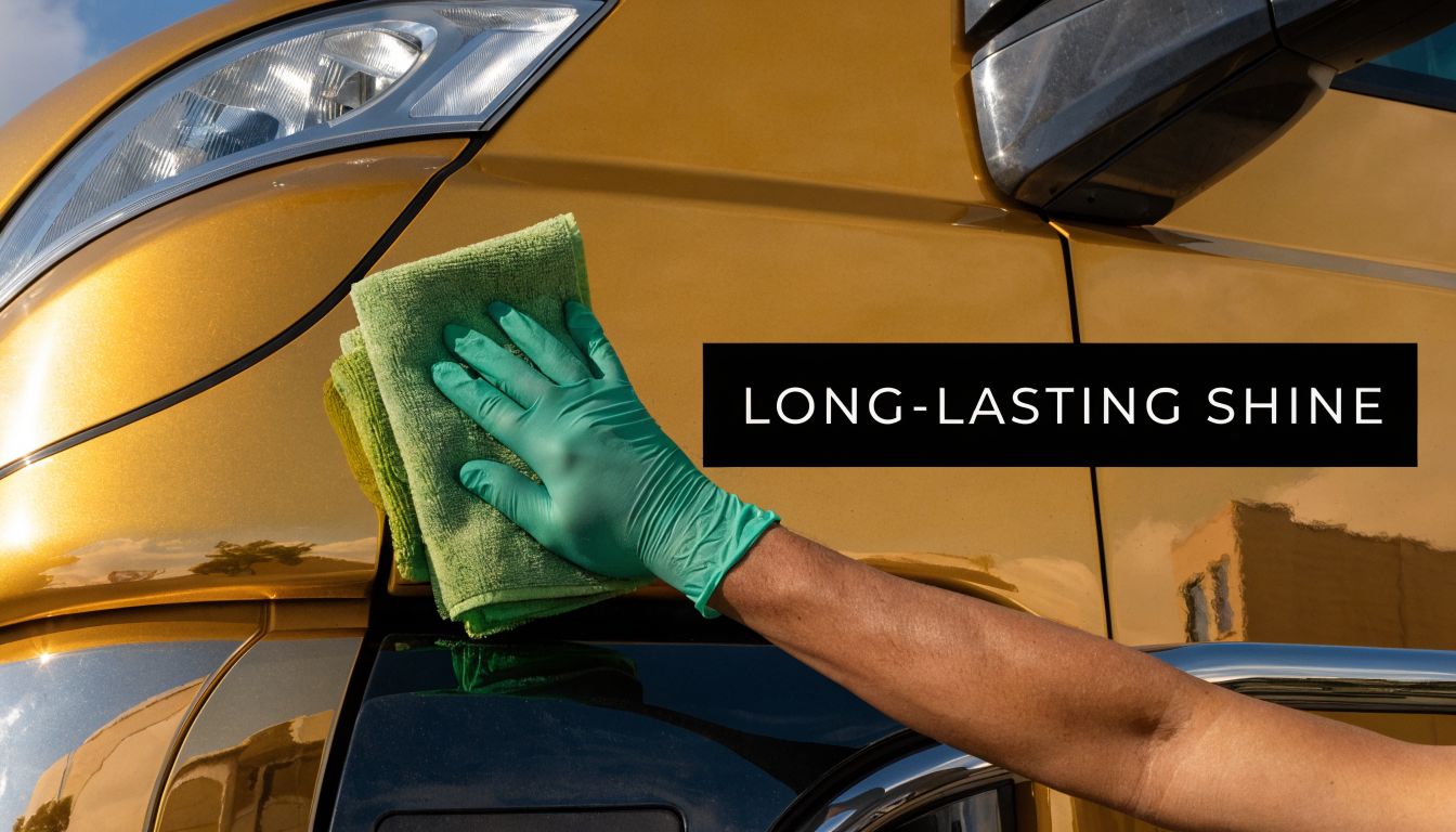 A gloved hand uses a green microfiber cloth to polish the shiny golden surface of a truck.