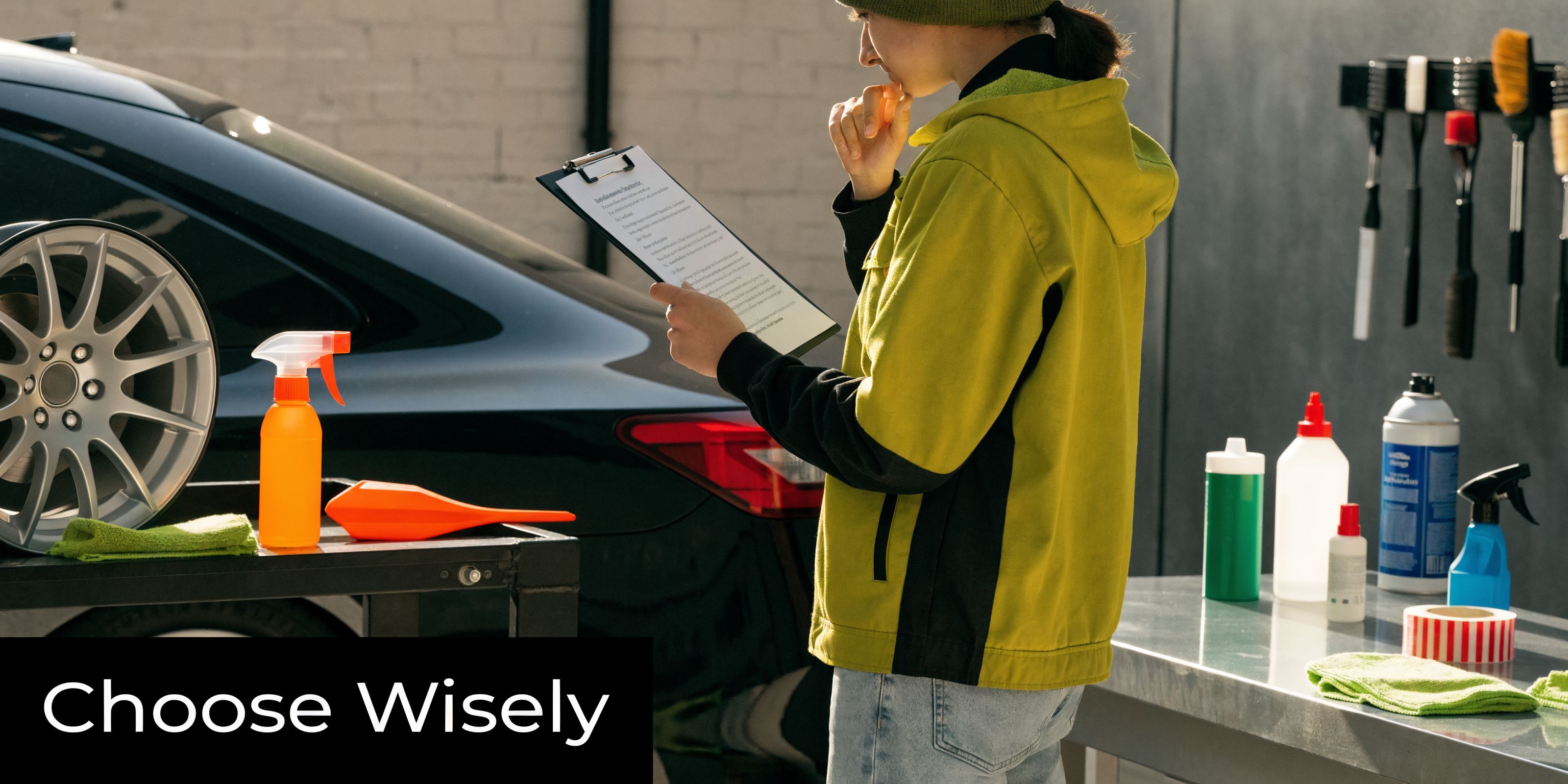 A car detailer in a green jacket reviews a checklist while preparing cleaning supplies for vehicle maintenance.