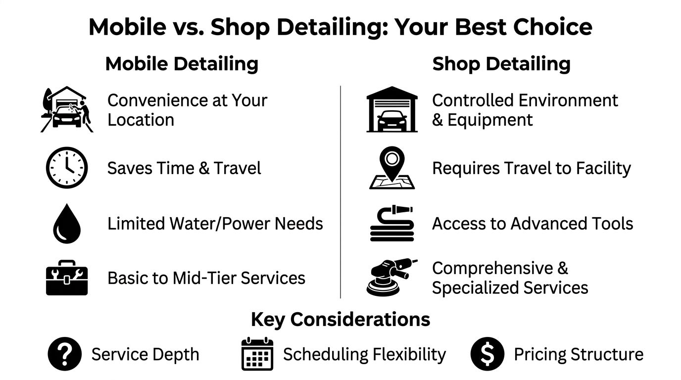 A comparison chart outlining the pros and cons of mobile car detailing versus shop based detailing services.