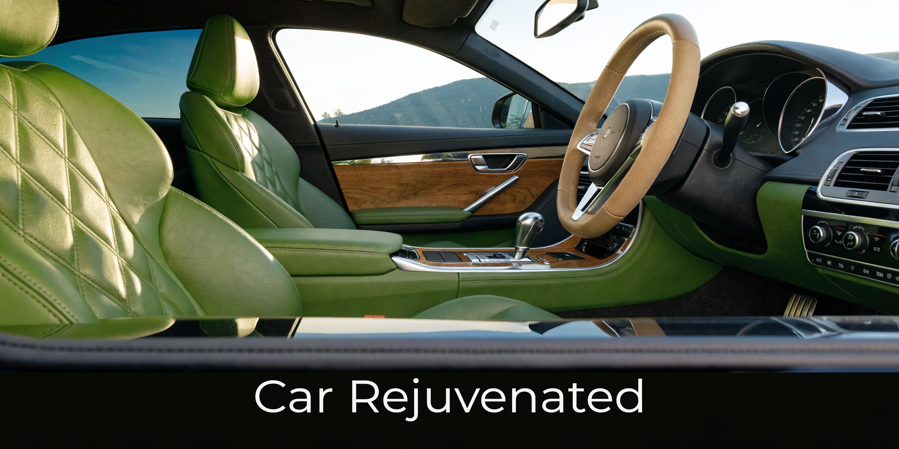A luxurious car interior with green quilted leather seats and polished wood trim, showcasing professional automotive restoration.