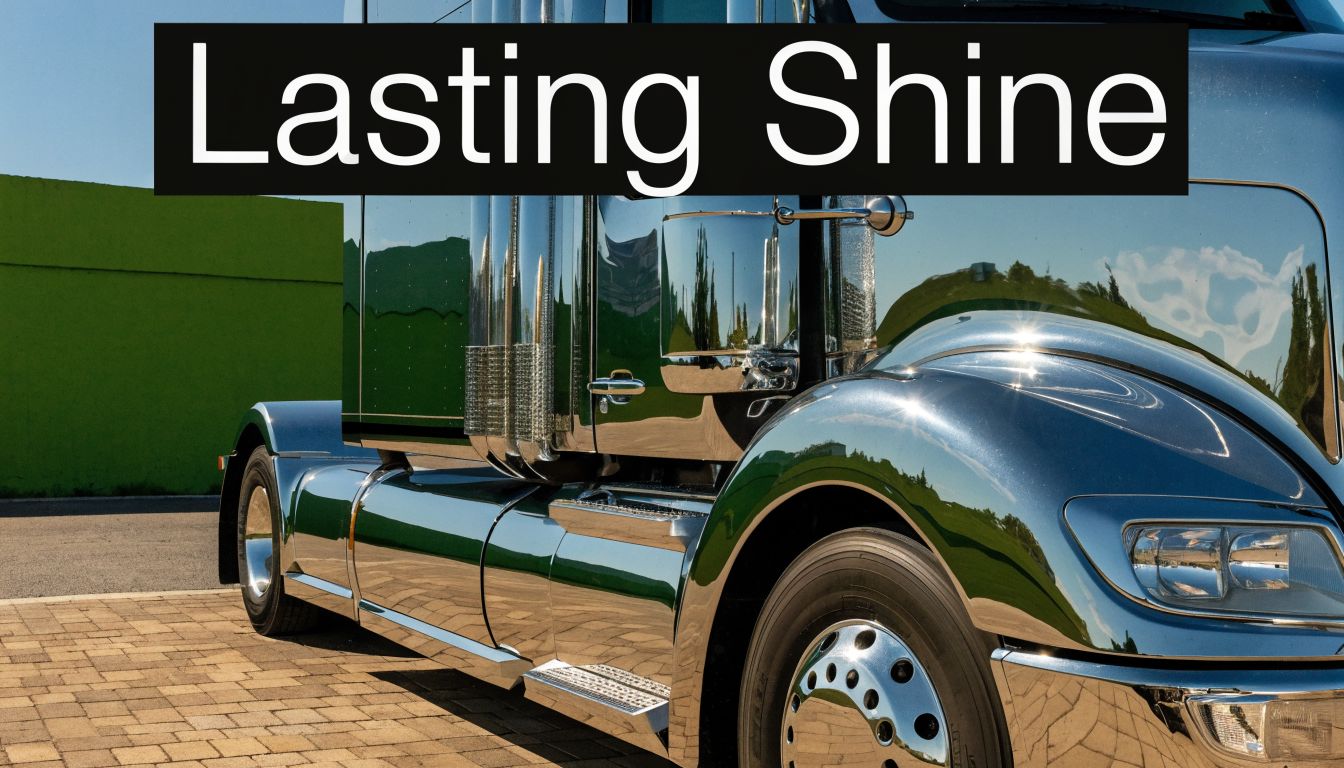 A close-up view of a highly polished and shiny chrome semi truck parked on a paved driveway.