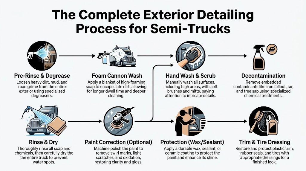 A step-by-step infographic illustrating the professional exterior detailing process for semi-trucks, from pre-rinsing to tire dressing.
