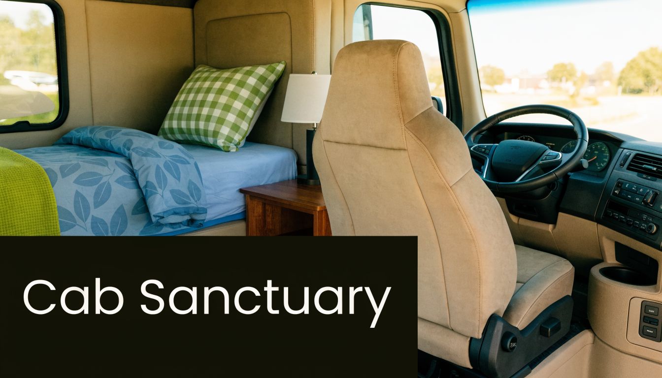 A cozy, organized interior of a modern semi-truck cabin featuring a comfortable bed and driver seat.