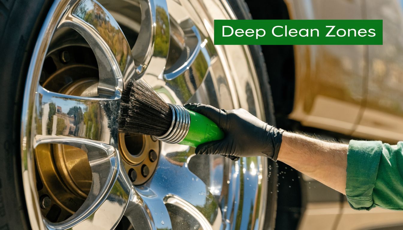 A person wearing a black glove uses a green brush to clean a shiny semi truck wheel.