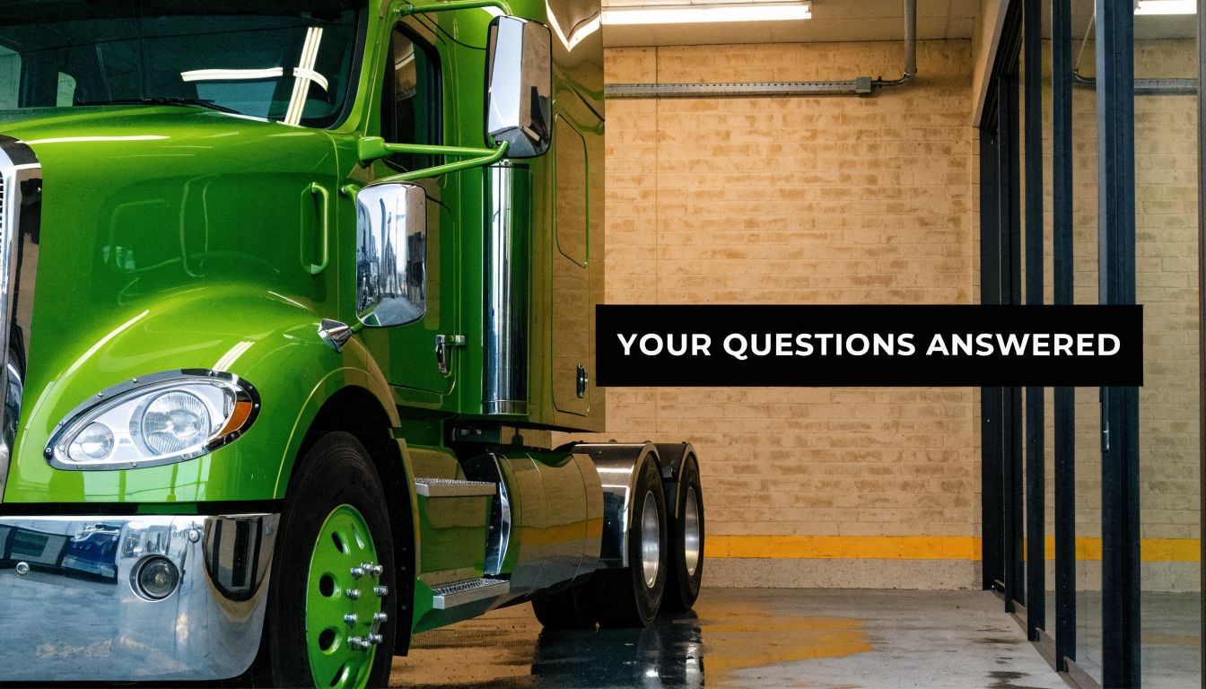 A close-up view of a vibrant green semi truck parked inside a bright commercial warehouse facility.
