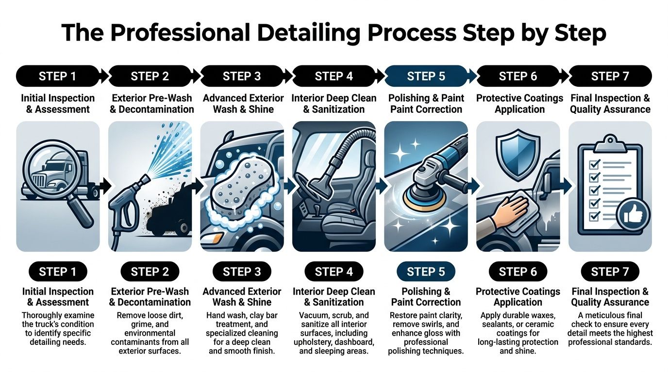 A detailed seven-step infographic explaining the professional process of cleaning and detailing semi trucks.