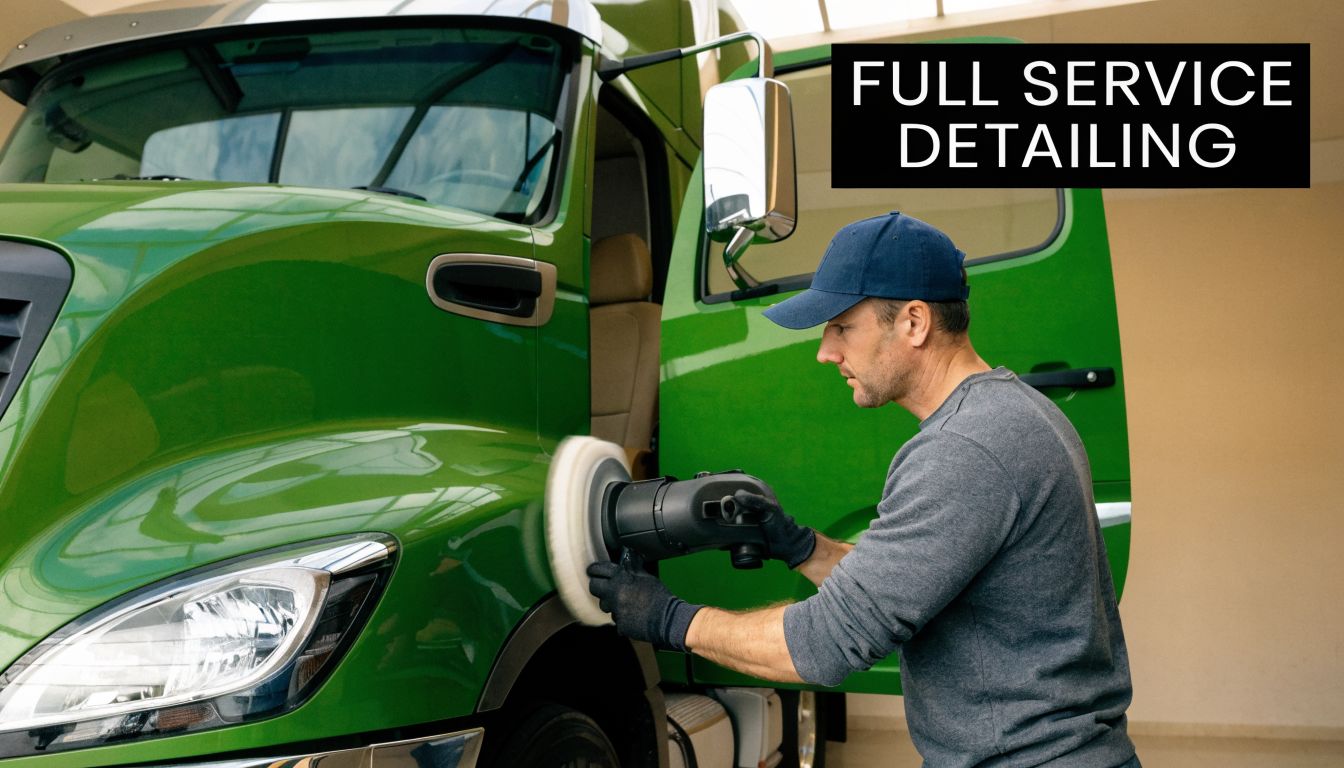 A professional technician carefully polishes the green fender of a semi truck using a handheld detailing tool.