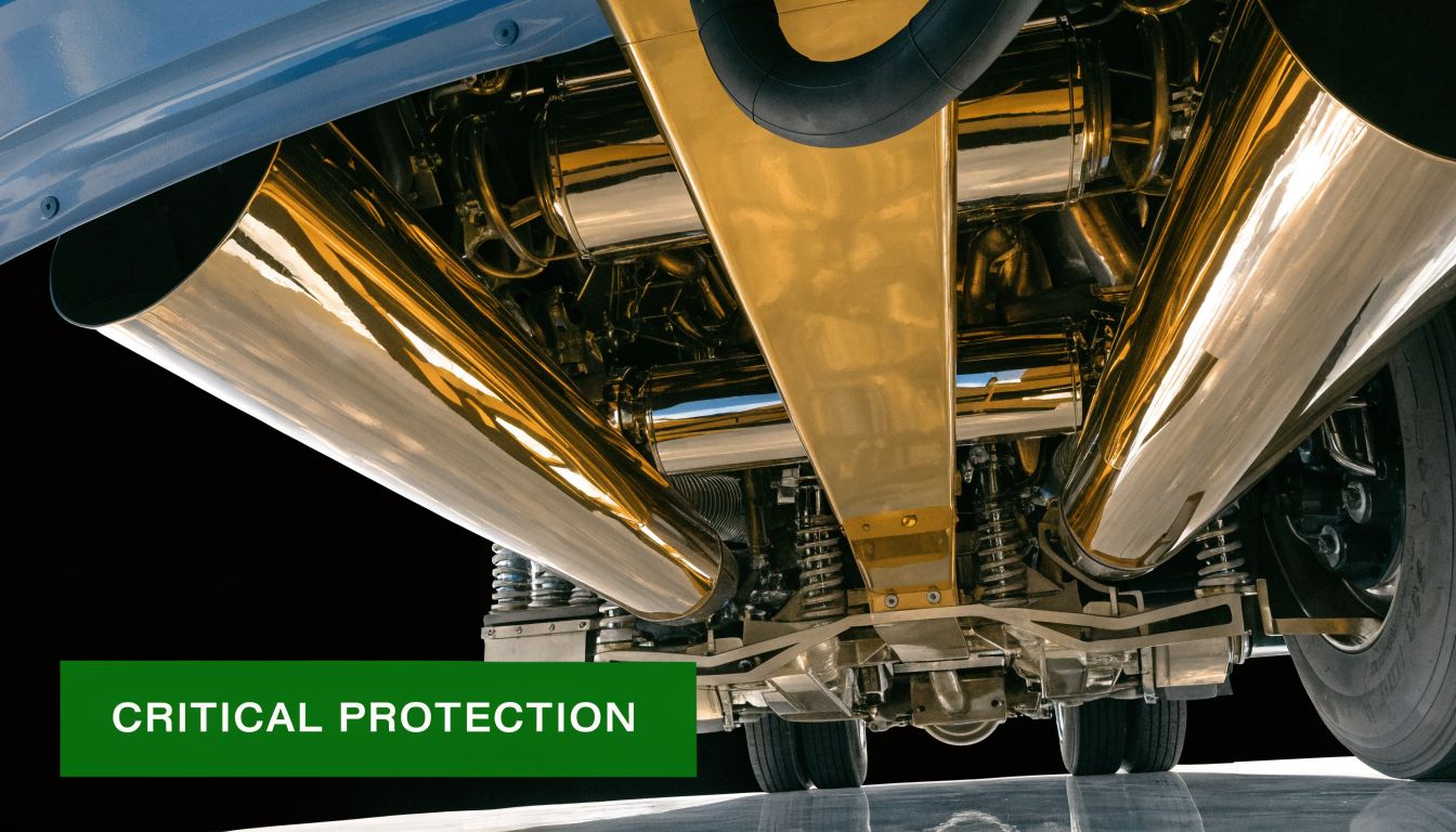 A close-up view of the highly polished, golden undercarriage and dual exhaust pipes of a custom semi truck.