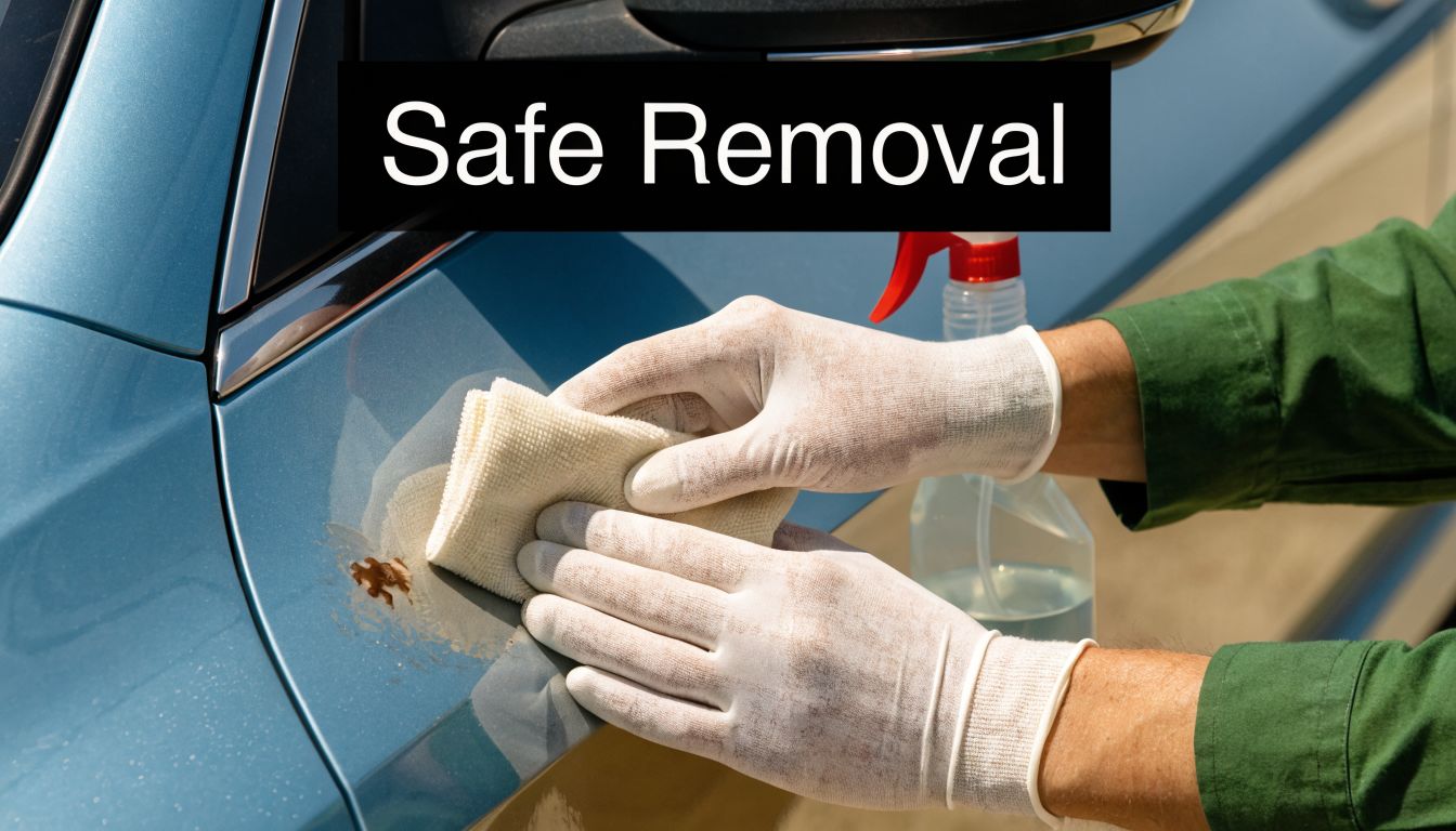 A person wearing white gloves cleaning a spot of tree sap off a blue car door.