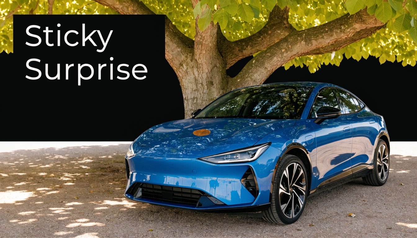 A bright blue electric car parked under a tree with a spot of sticky tree sap on its hood.