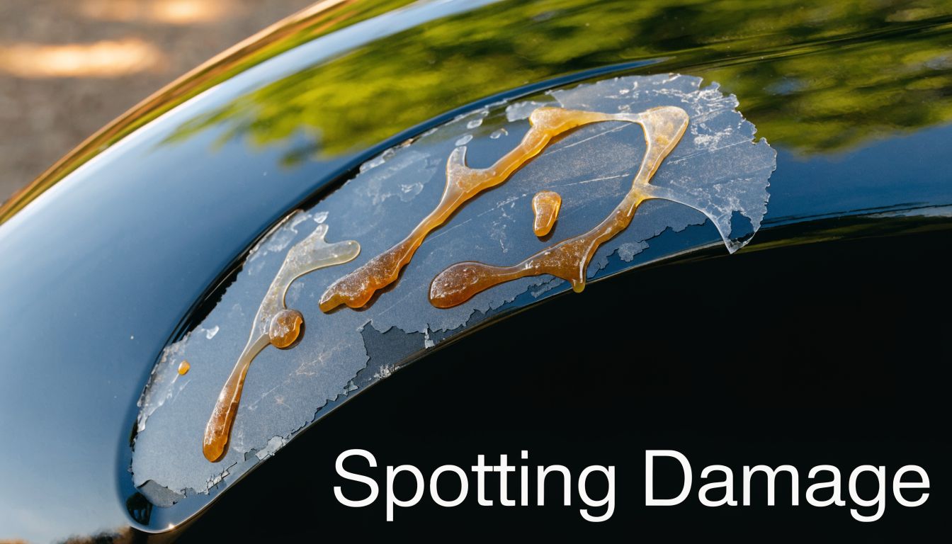 A close-up of a car surface with clear coat peeling and sticky, hardened amber tree sap spots.