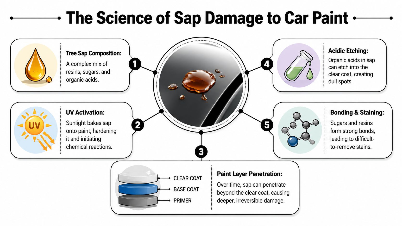 An infographic showing the five stages of how tree sap damages a car's paint finish.