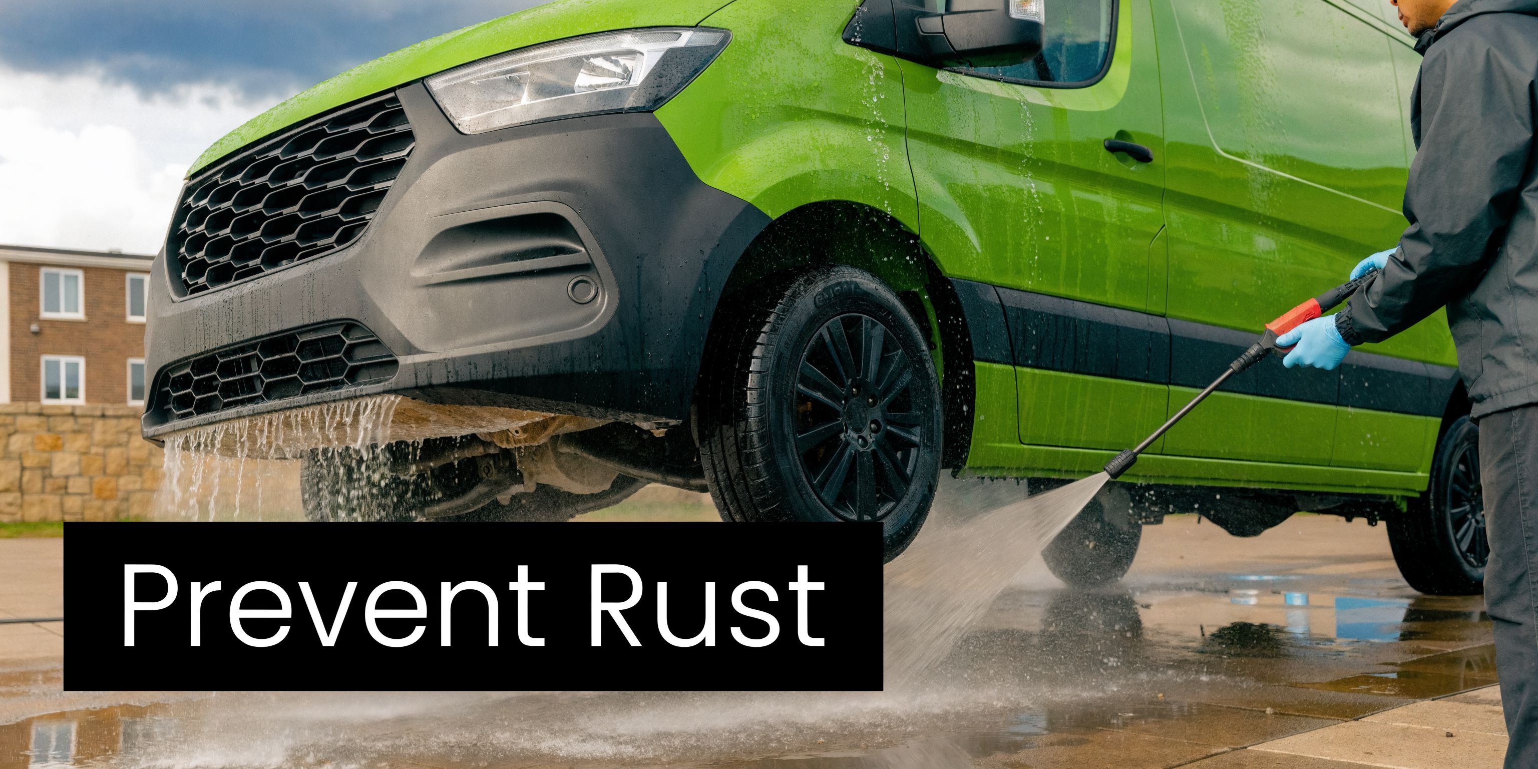 A worker uses a high-pressure hose to wash the undercarriage of a green van to prevent rust.