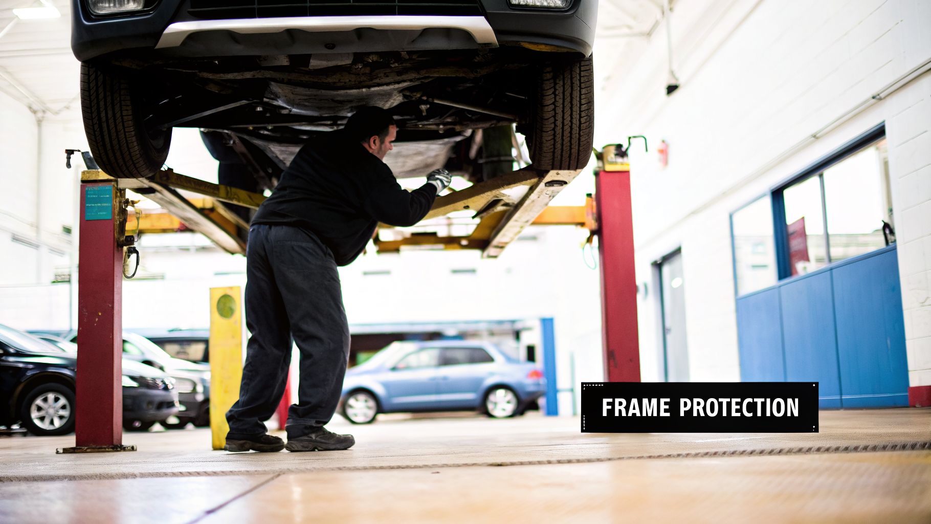 A mechanic works on the underside of a silver SUV on a hydraulic lift in a busy garage.