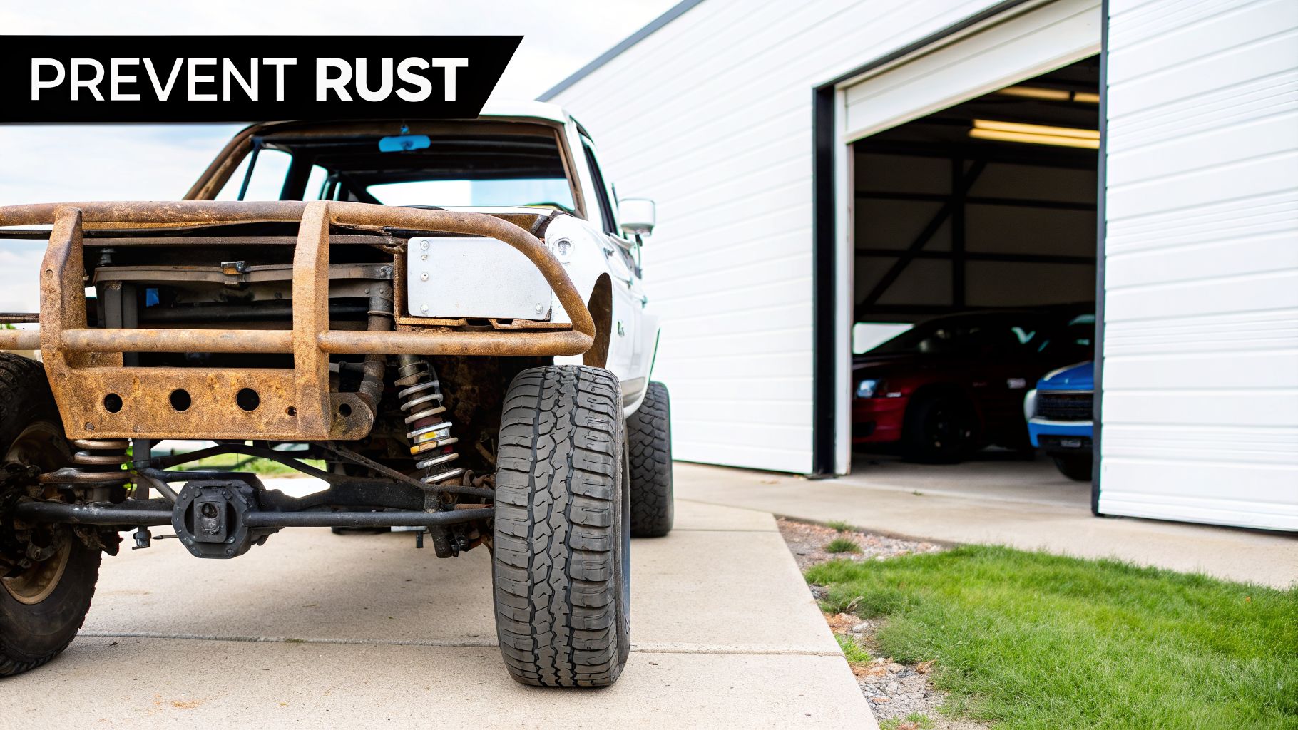 Front of a rusty off-road vehicle with large tires, a garage, and 'PREVENT RUST' text.
