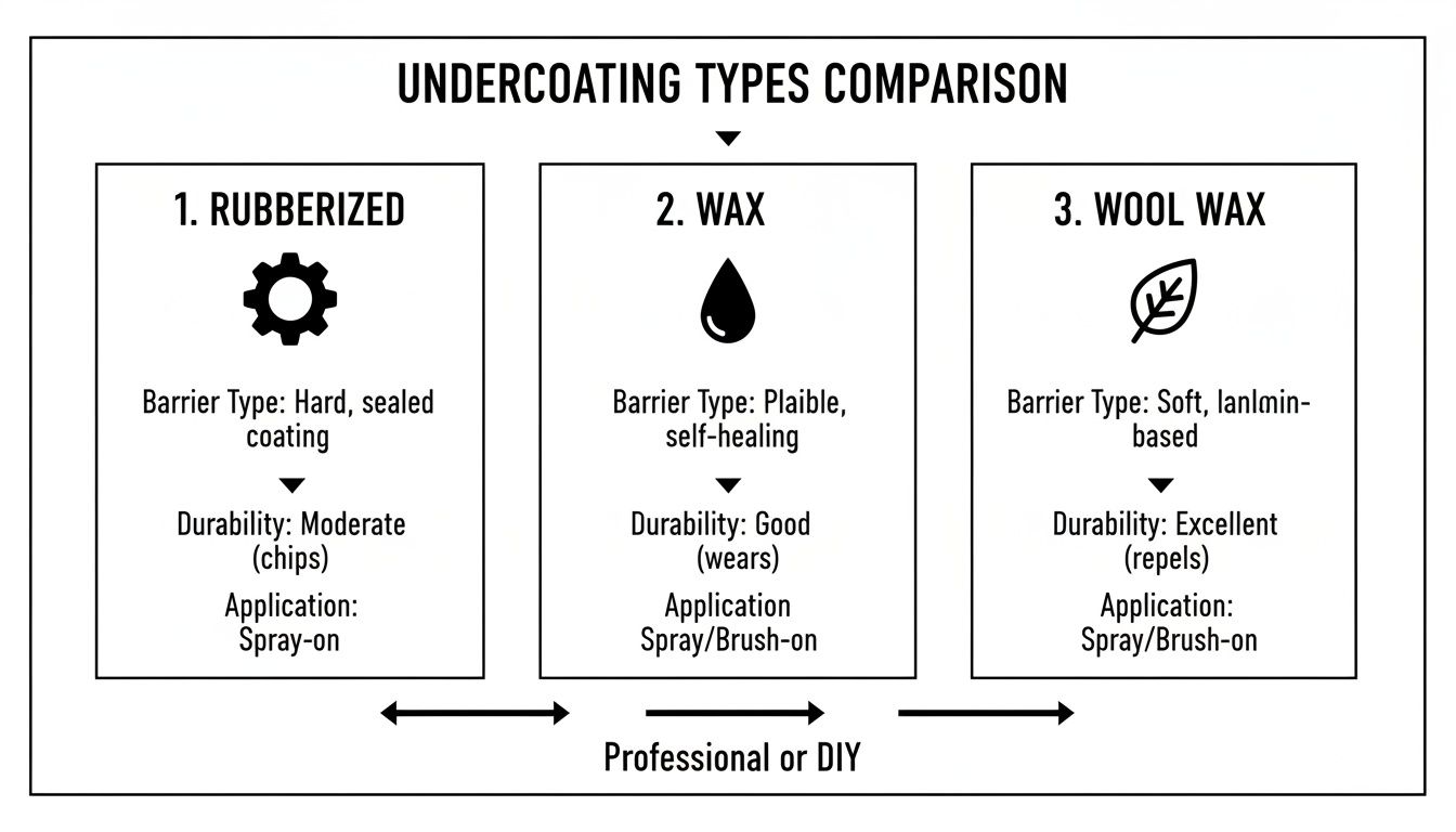 Comparison chart of three undercoating types: Rubberized, Wax, and Wool Wax, detailing their properties.