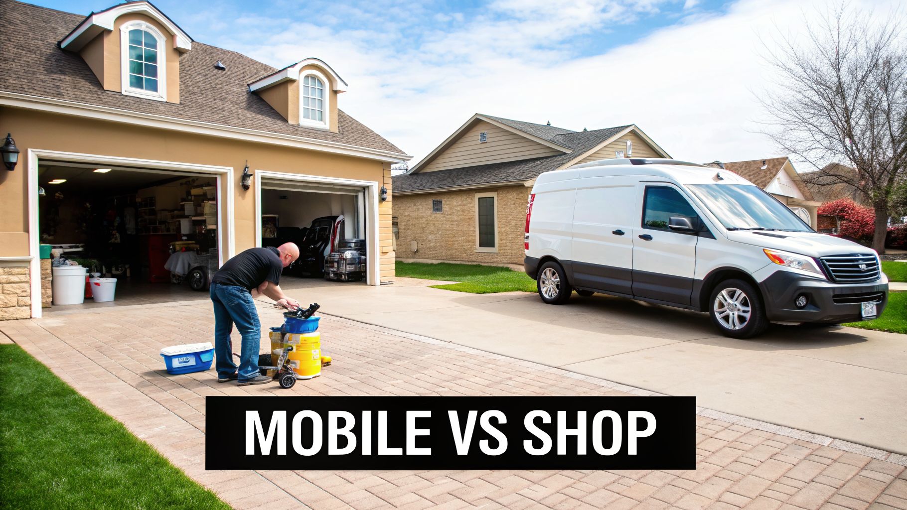 A man preparing equipment for mobile car detailing in a home driveway with a white van.