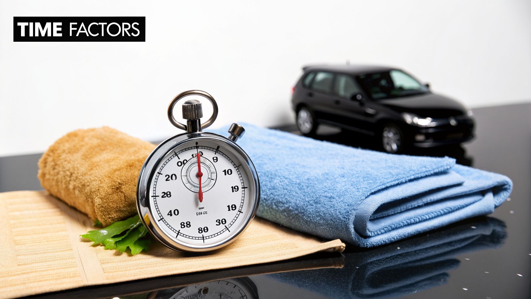 A stopwatch and cleaning towels with a blurry black car in the background, representing car detailing time factors.