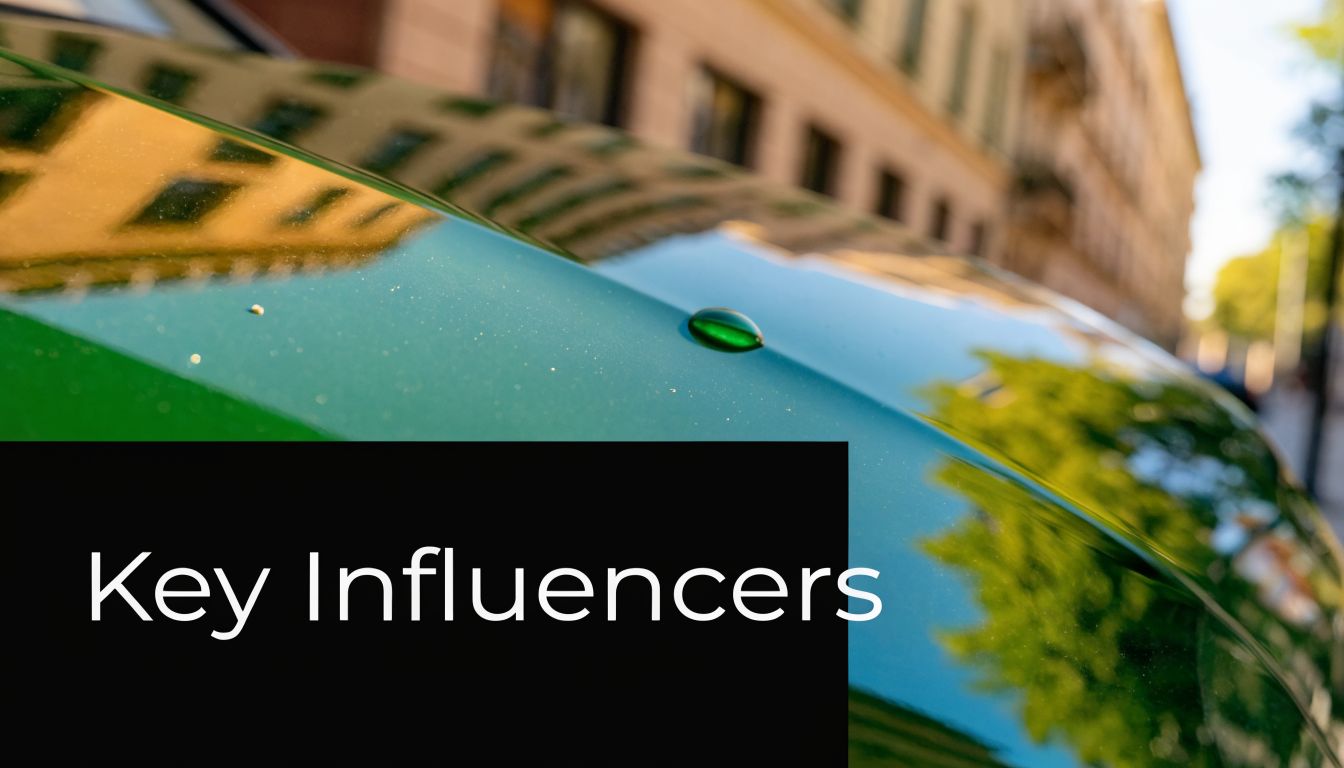 A close-up view of a green car hood featuring a water droplet and reflections of buildings