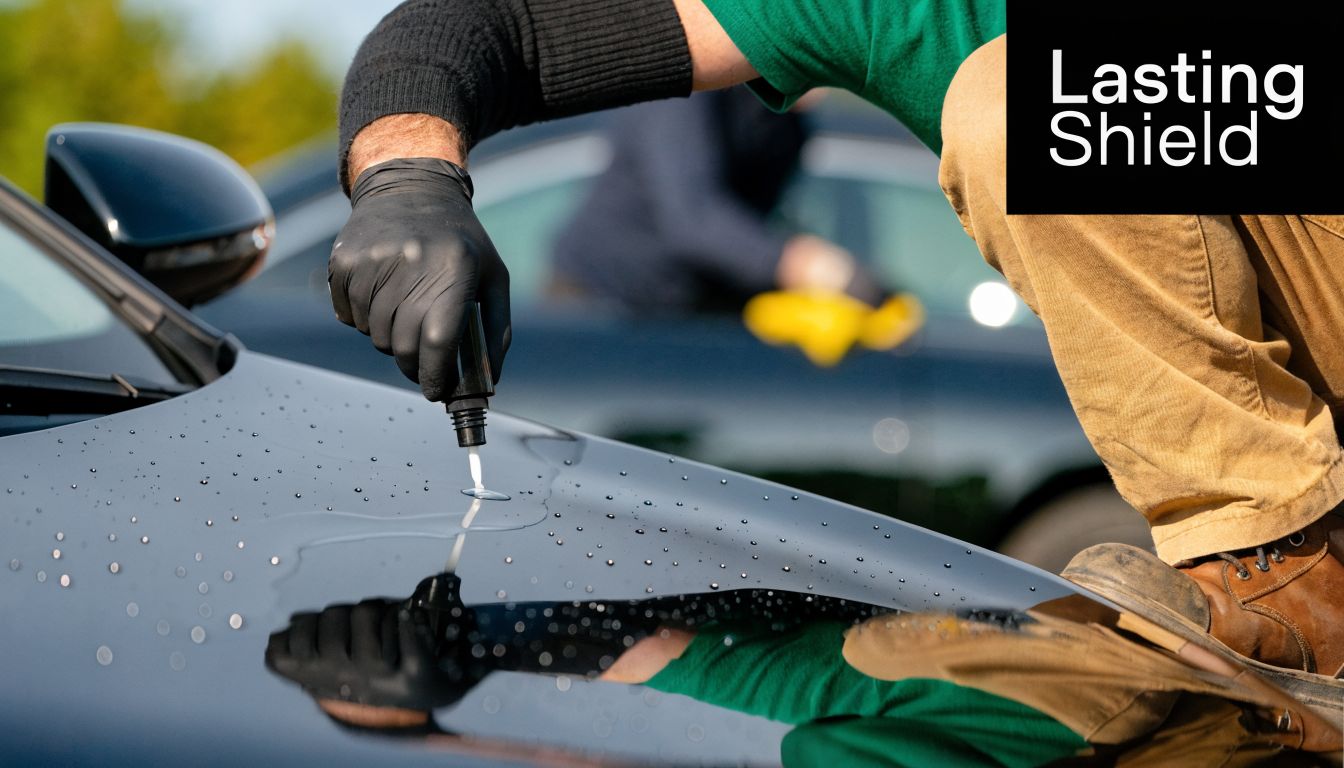 A professional technician applies a ceramic coating treatment to a vehicle hood to protect the car paint.