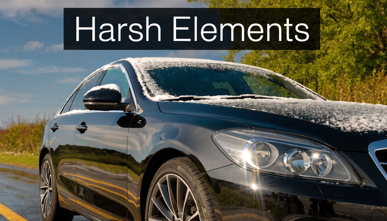 A black car covered in a light layer of snow parked on a wet road.