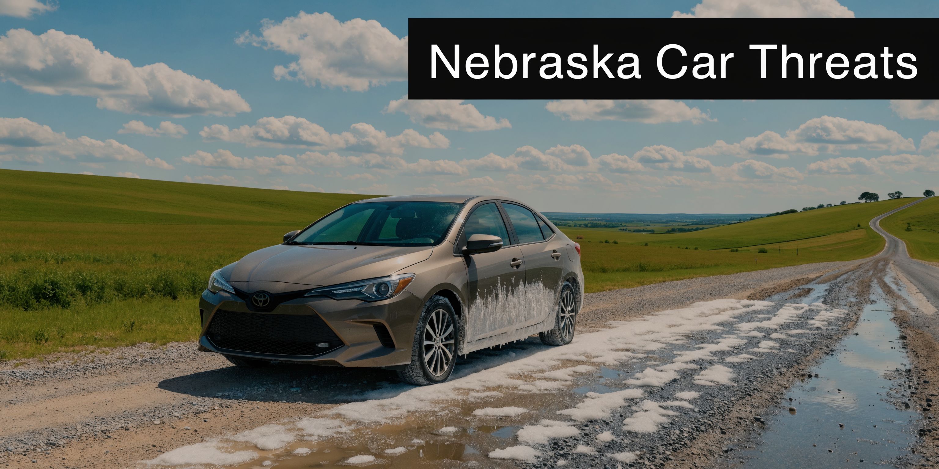 A bronze Toyota sedan driving on a muddy, snowy rural road through green Nebraska fields.