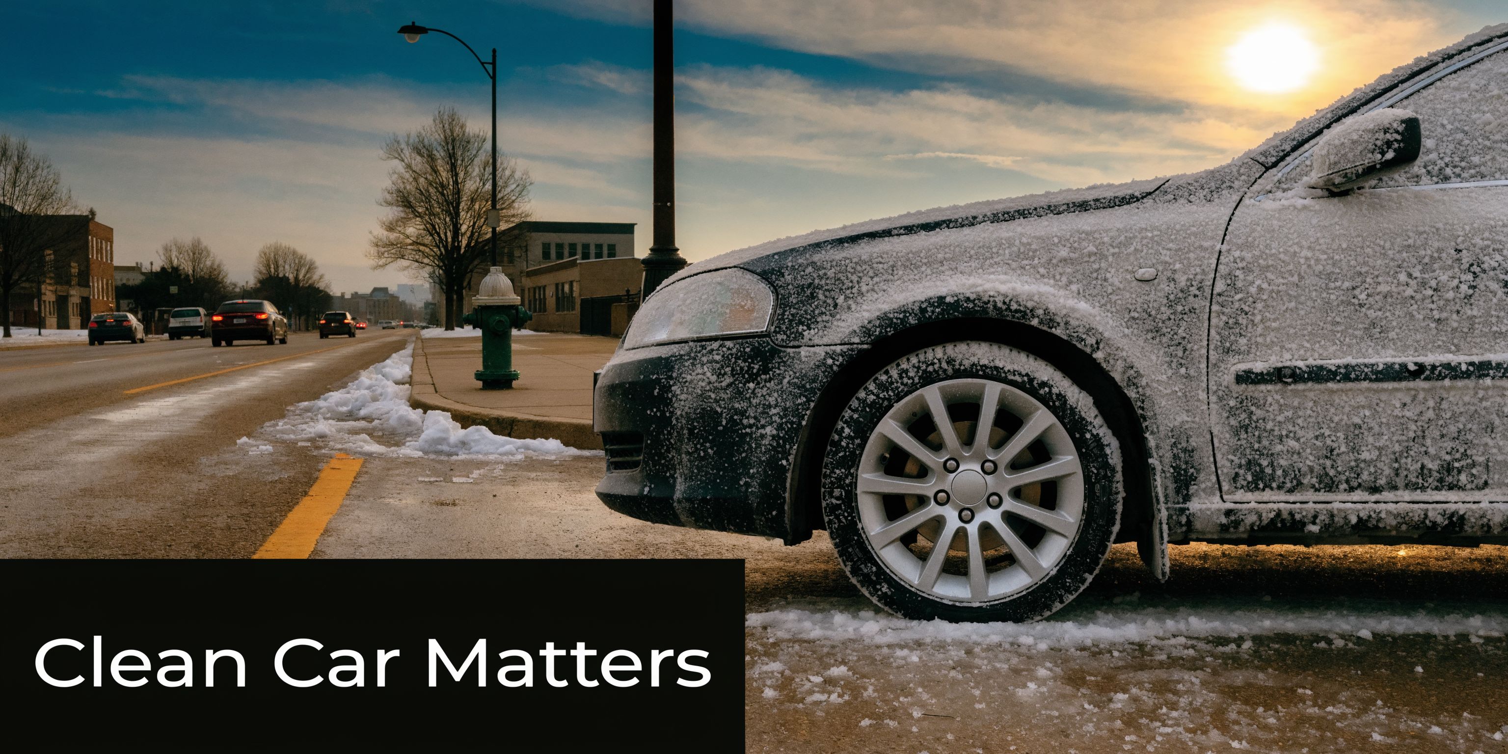 A snow-covered car parked on a cold city street with winter sunset lighting in the background.