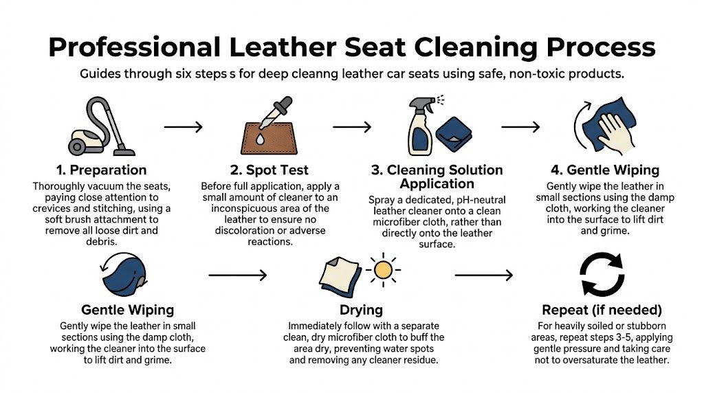 A step-by-step infographic illustrating the professional process for cleaning leather car seats with safe products.