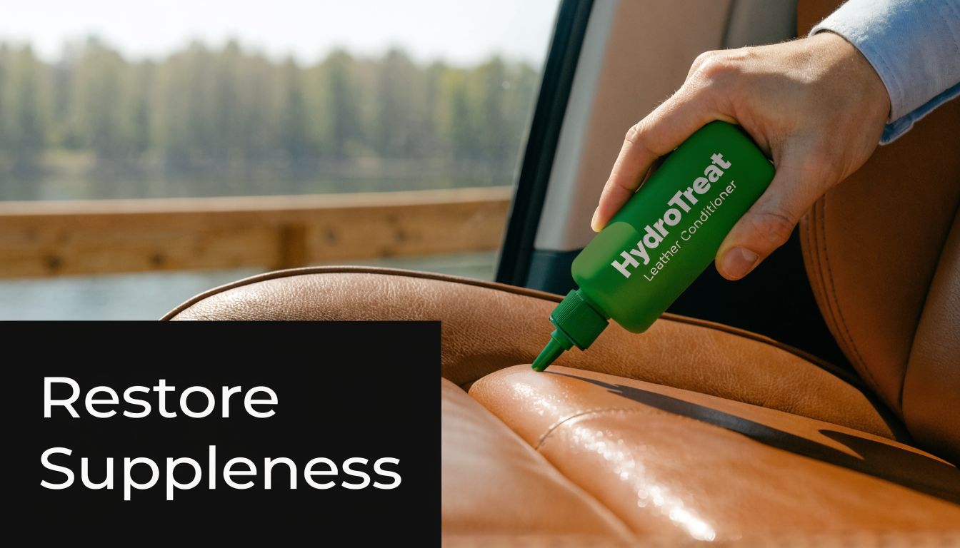A hand applies HydroTreat leather conditioner to a brown car seat to restore its natural suppleness.