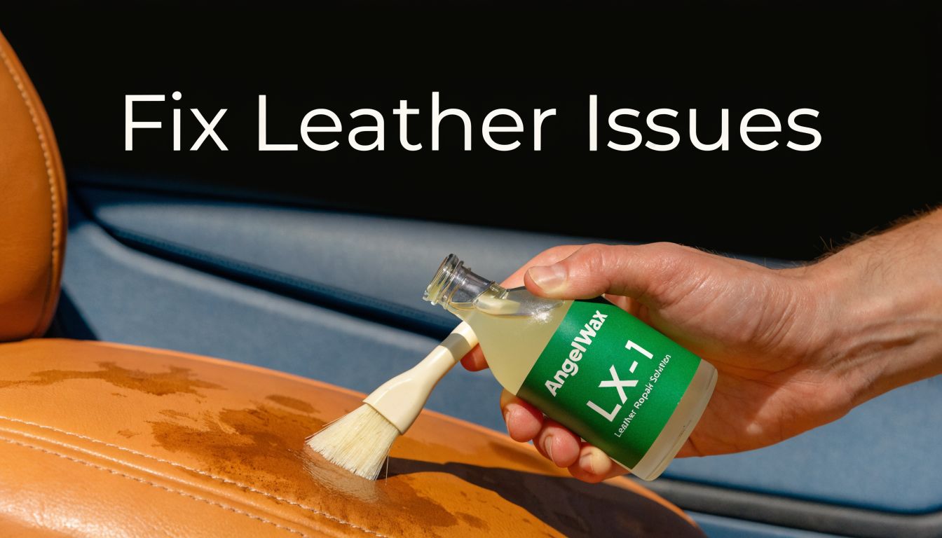 A person applying leather repair solution to a tan car seat using a small applicator brush.