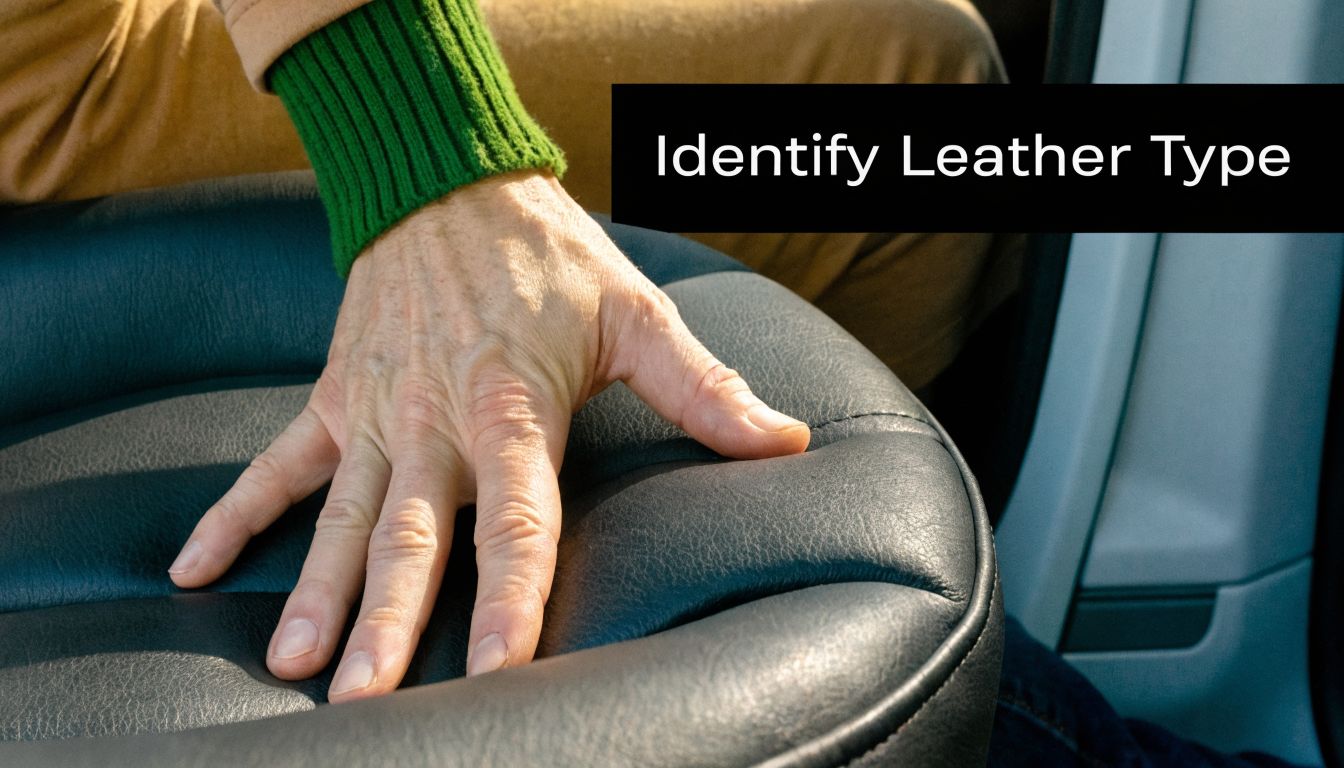 A close-up shot of a hand resting on a black leather car seat, focusing on texture.
