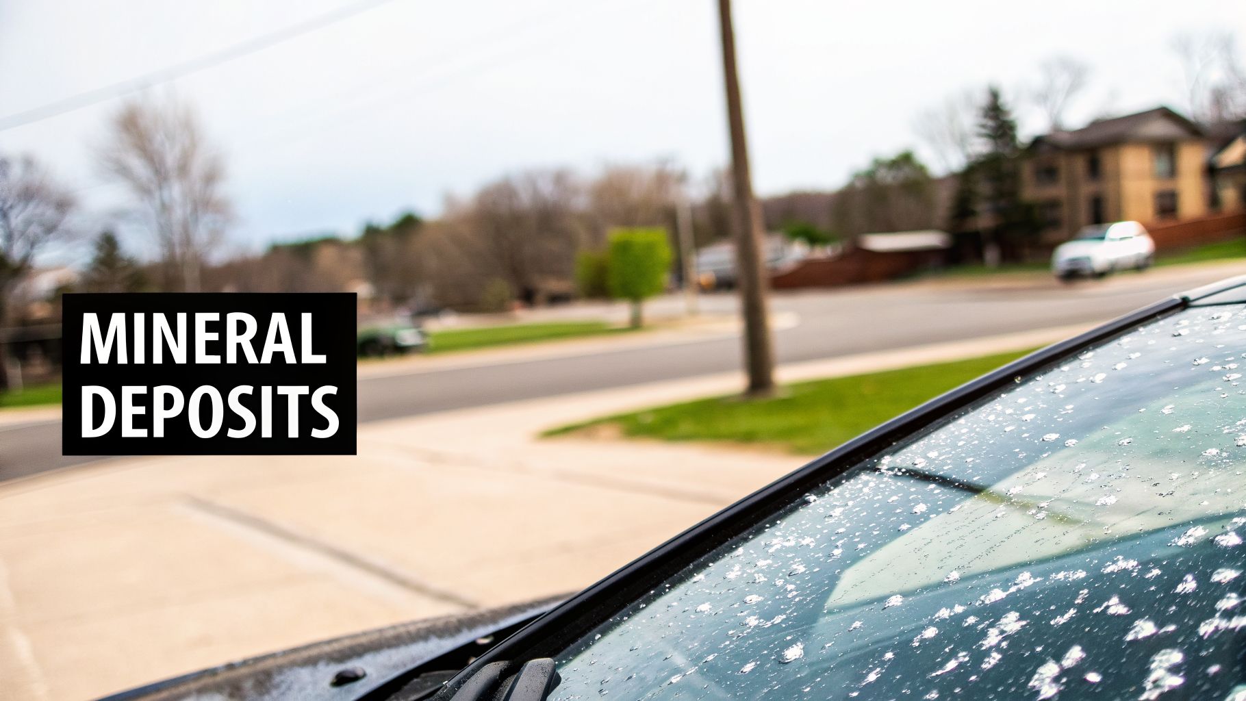 A car windshield is covered in white mineral deposits, with an overlay text 'MINERAL DEPOSITS' and a blurred street in the background.