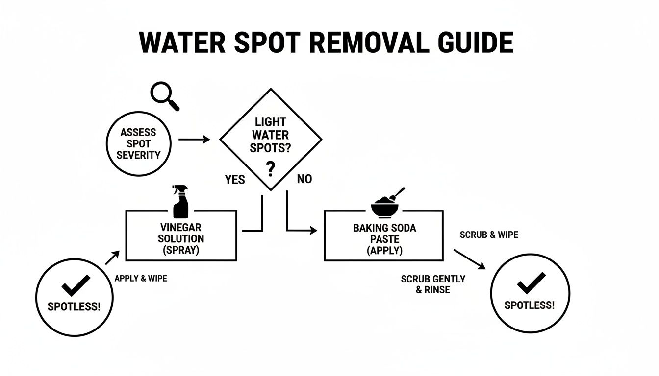 A flowchart guide demonstrating steps to remove water spots, using vinegar or baking soda solutions.
