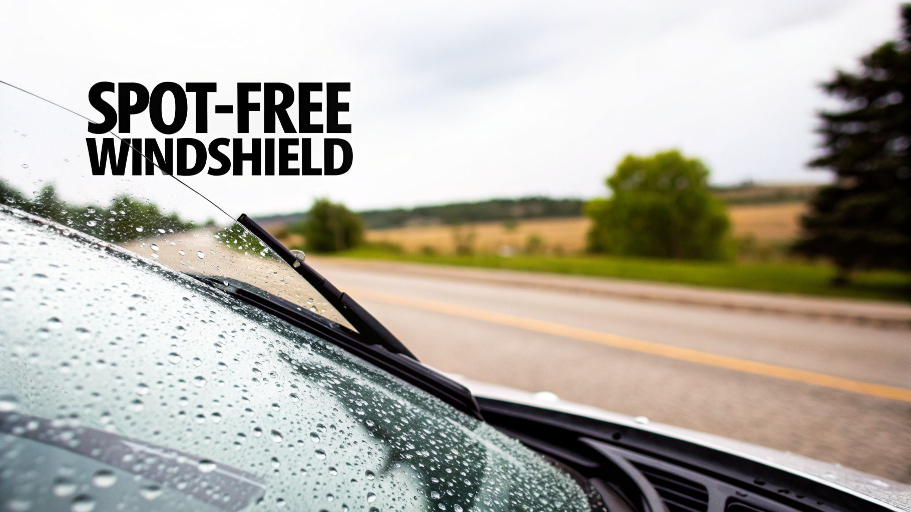 Close-up of a car windshield covered in raindrops with a wiper blade and text 'SPOT-FREE WINDSHIELD'.