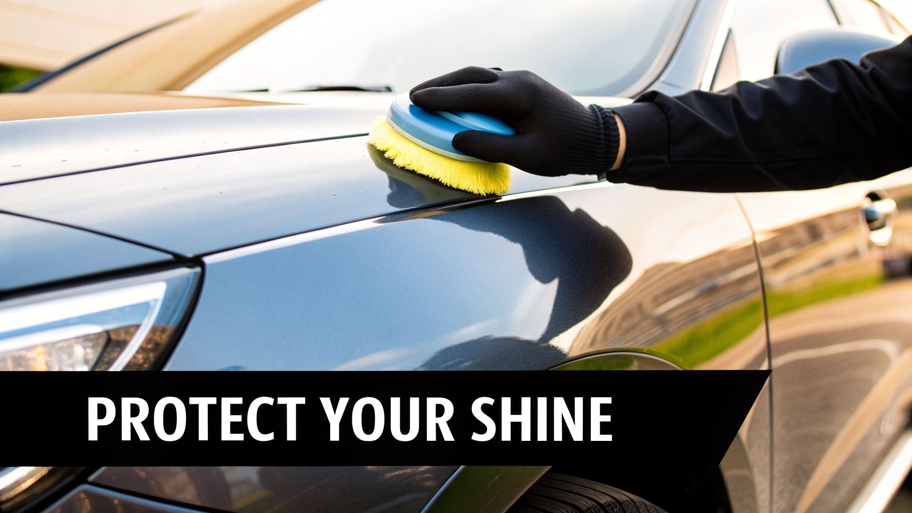 A gloved hand uses a blue and yellow brush to apply polish to the dark grey hood of a car.