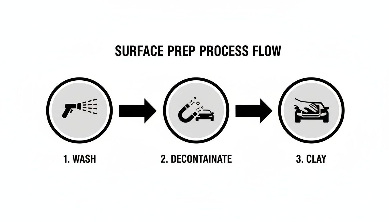 A three-step surface prep process flow for car detailing: wash, decontaminate, and clay.