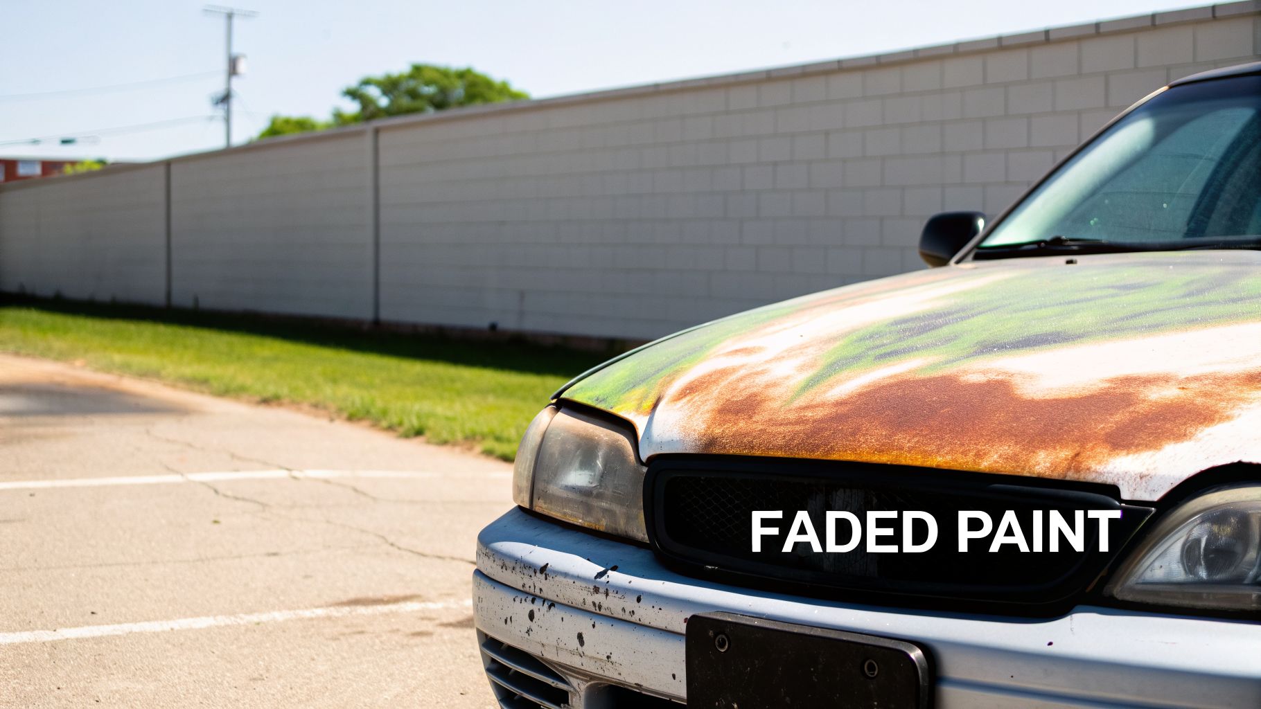 A close-up of a car's front showing severe rust and faded paint on its hood.
