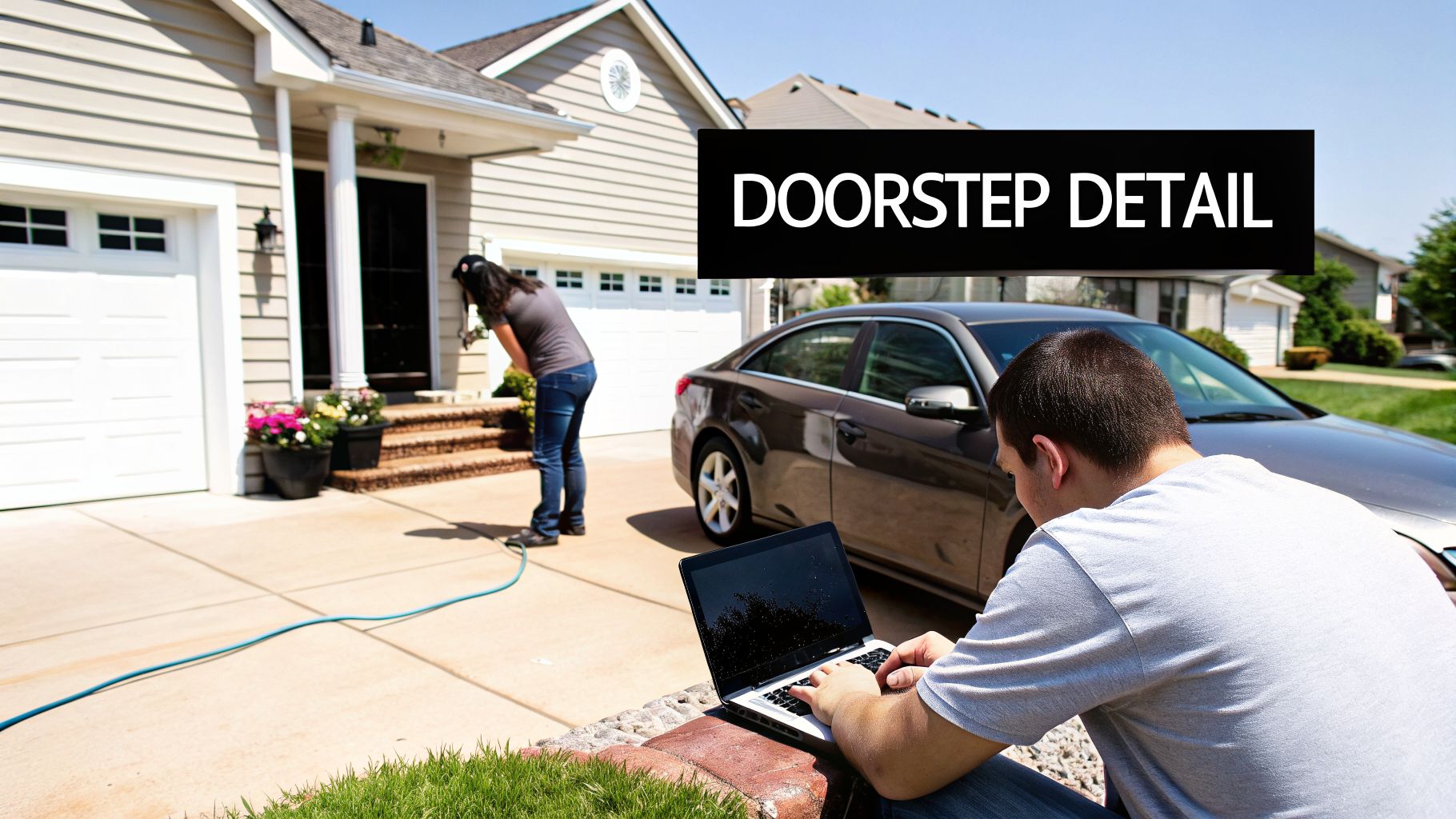 A man uses a laptop outdoors while a woman waters plants at a house, with a car in the driveway.