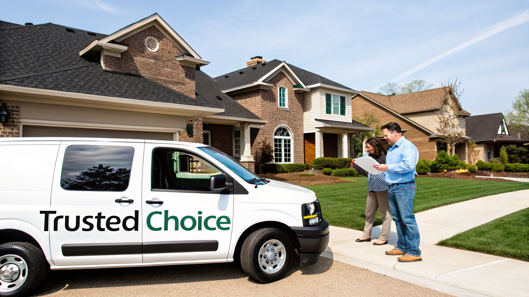 A Trusted Choice van parked in front of suburban houses with two people discussing documents.