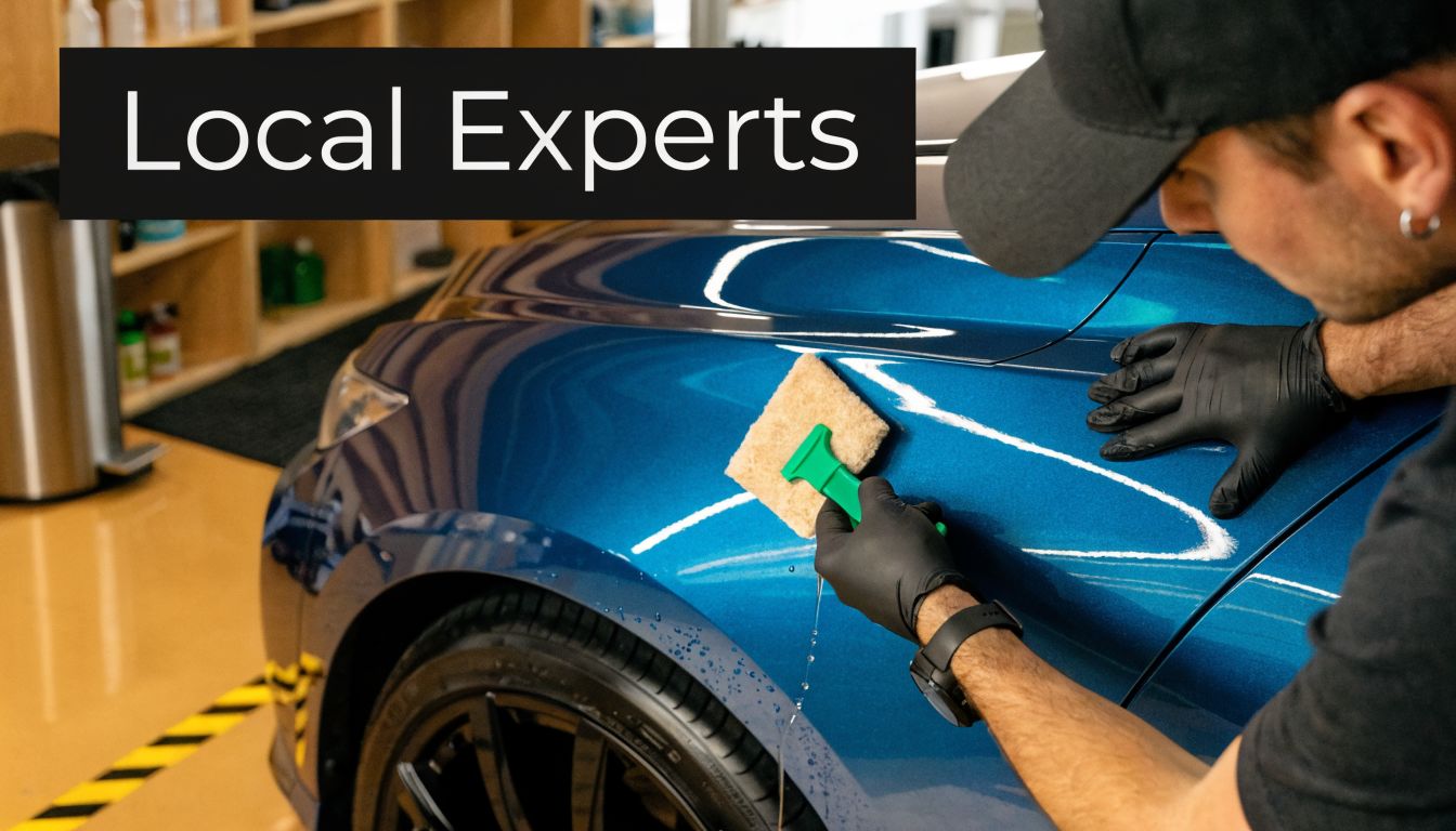 A professional technician wearing black gloves applies a treatment to a blue car's fender.