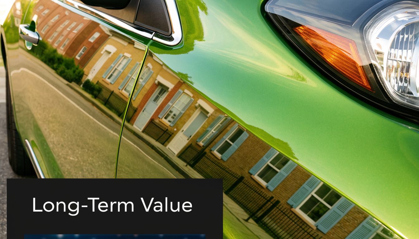 A close-up view of a green car exterior reflecting a row of historic brick houses.