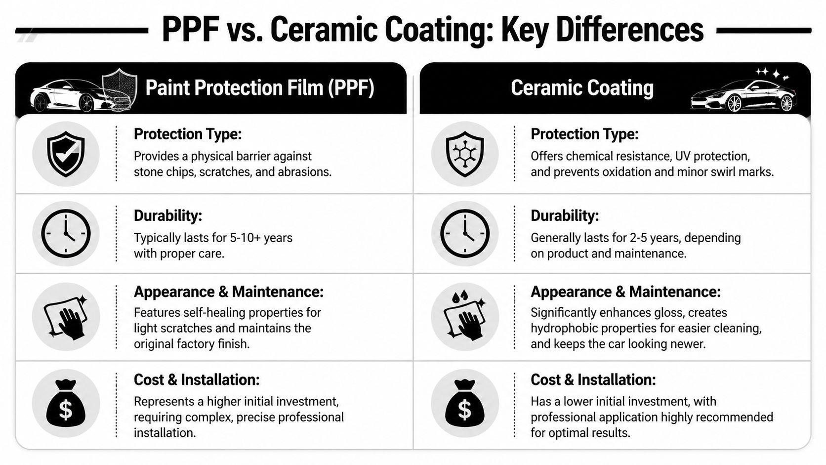 A comparison chart outlining the key differences between Paint Protection Film and Ceramic Coating for vehicles.